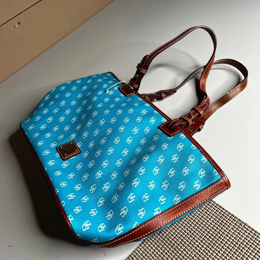 Dooney & Bourke Monogram Tote Bag Turquoise Blue Coated Cotton Leather Trim